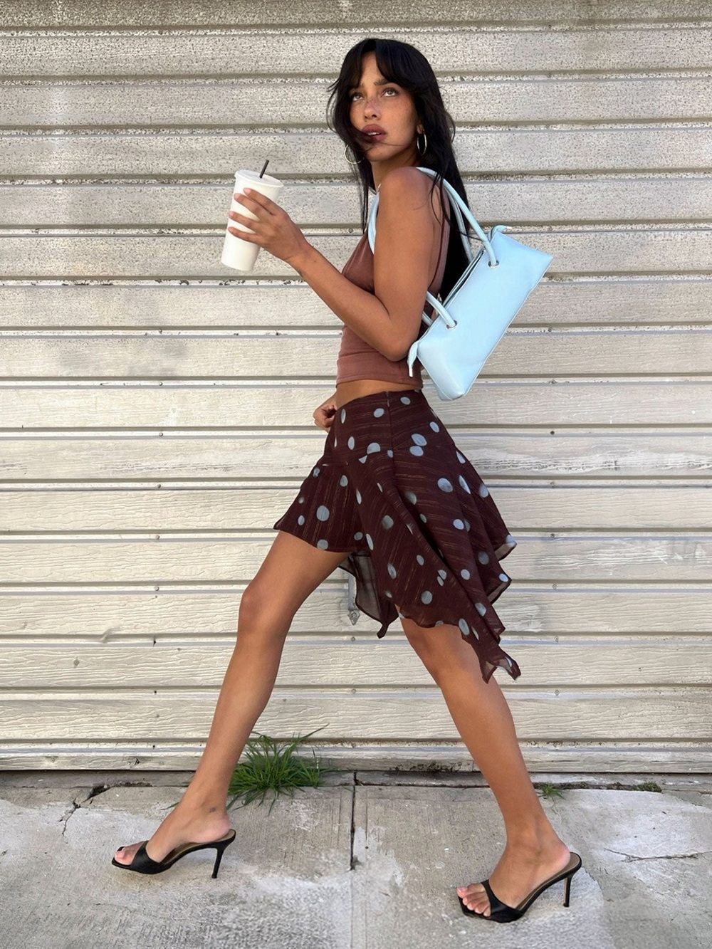 NWT Princess Polly Chocolate Brown Polka Dot Asymmetrical Ruffle Skirt